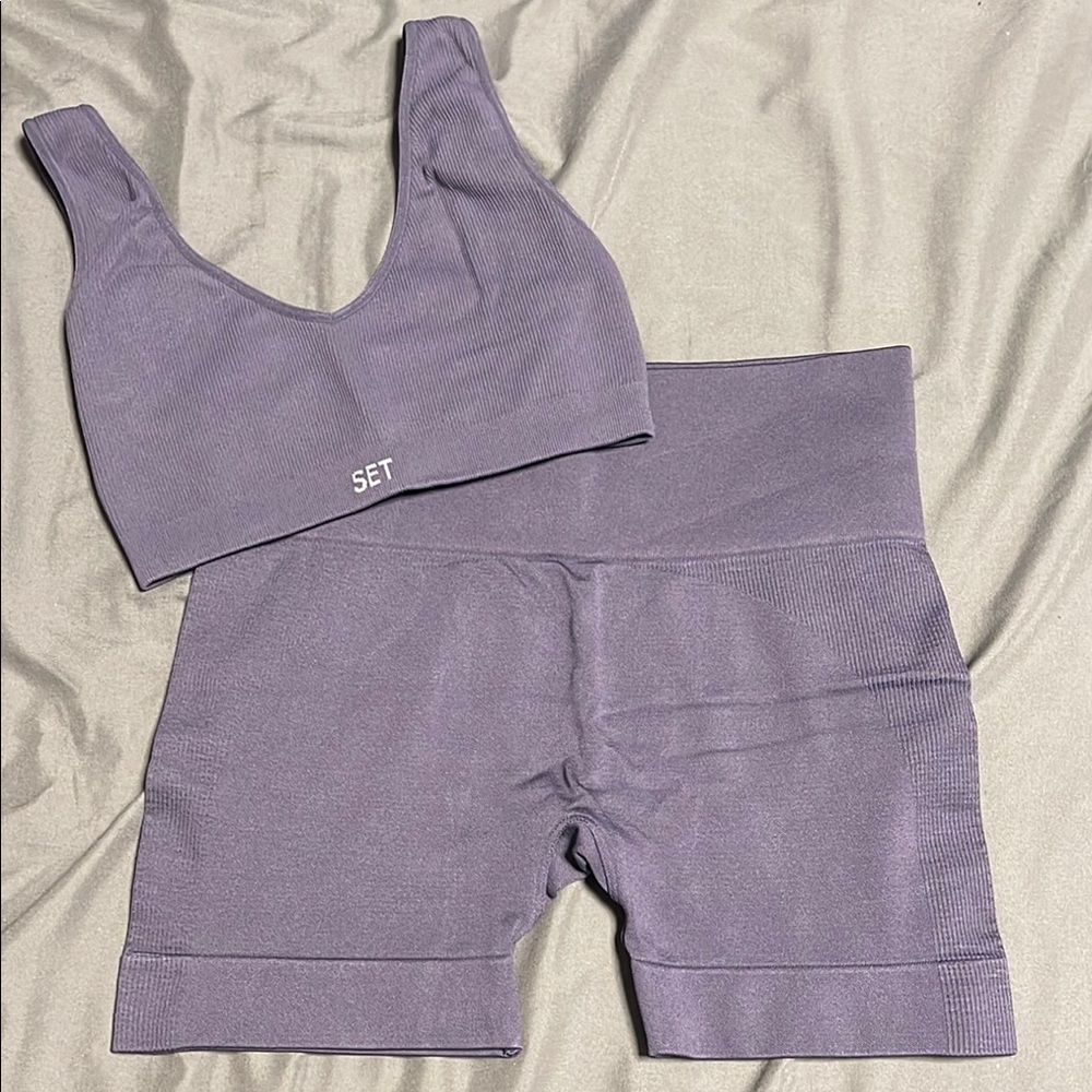 SET Active Purple Ribbed Athletic Shorts and Sports Bra Set